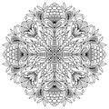 Mandala with drawn folk style plants on a white background for coloring book, vector